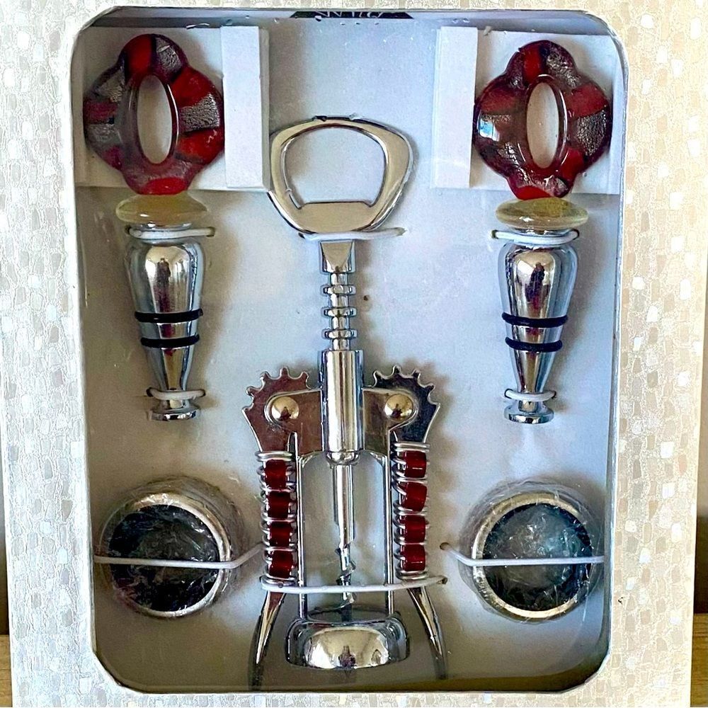 NWT New Wild Eye Designs Red & Silver 5 Piece Wine Gift Set. Holidays Christmas